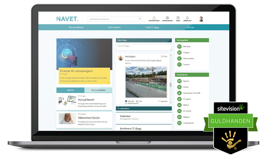 Startsidan på Navet - TL Byggs intranät - vinnare av Guldhanden 2019 för bästa intranät
